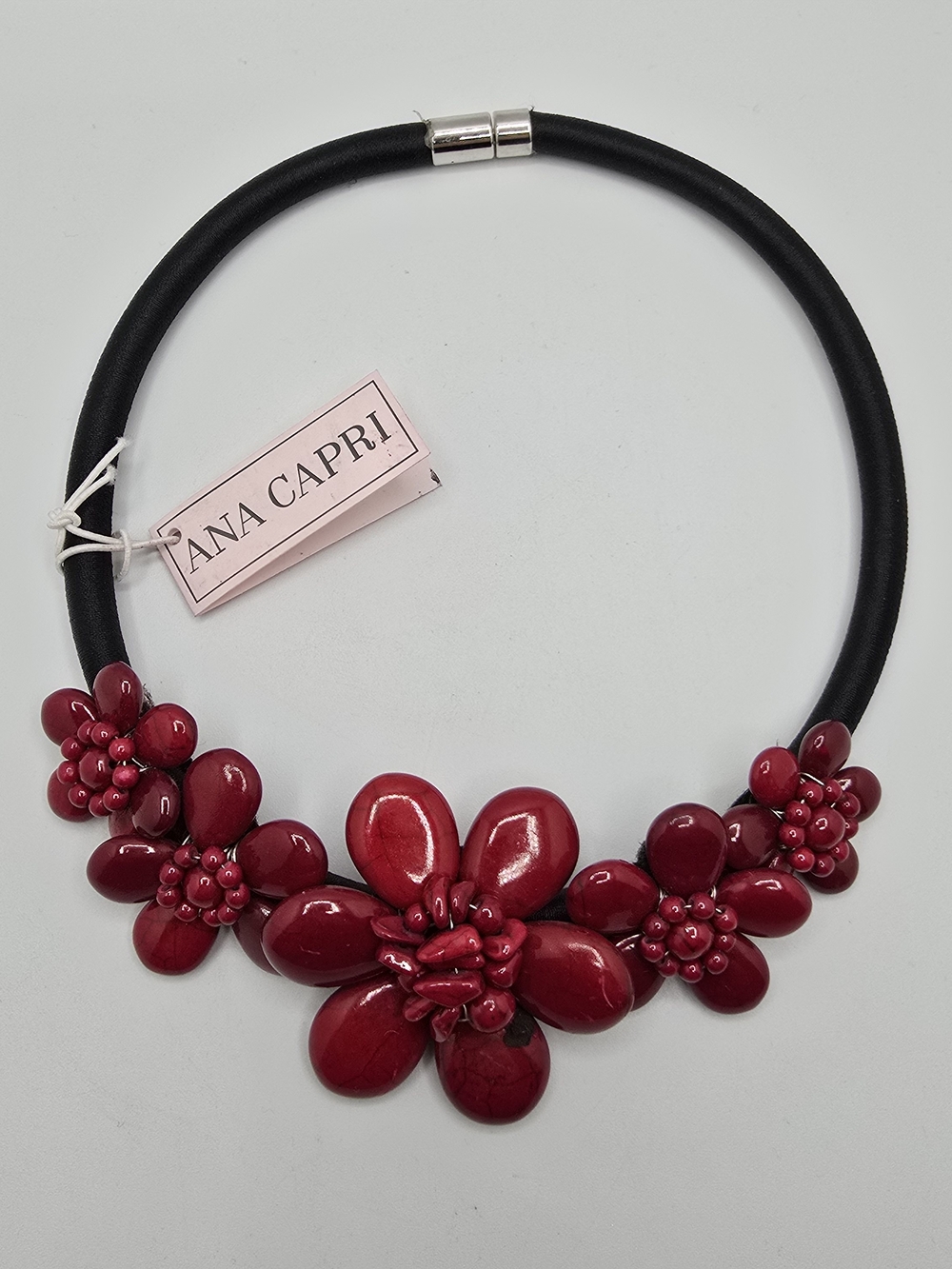Ana Capri Necklace Dyed Red Freshwater Pearl Natural Stone Floral Collar 17"